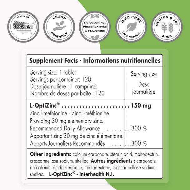 Supersmart  LOptiZinc  30 mg Per Day  Zinc  Antioxidant Supplement  Support Healthy Respiratory System  NonGMO  Gluten Free  120 Tablets