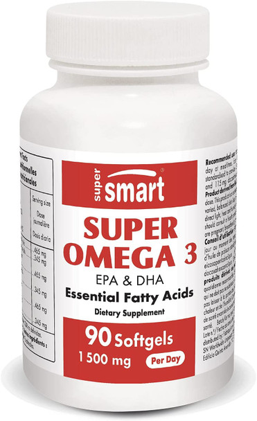 Supersmart  Super Omega 3 EPA  DHA 1500 mg Per Day  Fatty Acids  Sustainable Fisheries  Support Healthy Cardiovascular System  Neuronal Activities  NonGMO  Gluten Free  90 Softgels
