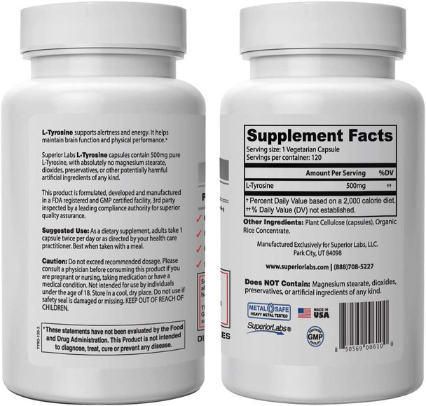 Superior Labs  Pure Natural LTyrosine NonGMO  500 mg 120 Vegetable Capsules  Supports Mental Clarity  Promotes Alertness  Boosts Energy  Dietary Supplement for Calming and Relaxation