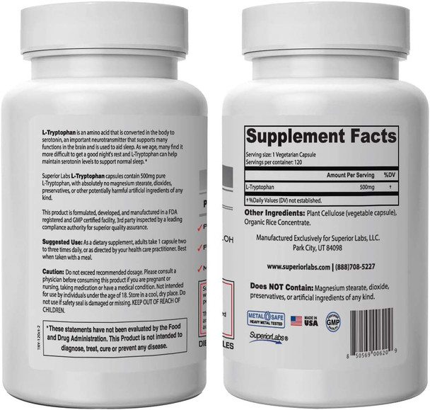 Superior Labs  Pure LTryptophan  500mg 120 Vegetable Capsules  NonGMO Dietary Supplement for Restful Sleep  Relaxation  Supports Feelings of Well Being and Healthy Circulation Circulation