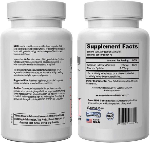 Superior Labs  NAC NAcetyl Cysteine  Dietary Supplement with Selenium  1200mg 150 Vegetable Capsules  Free Radical Protection  Normal Immune System Function  Maintains Cellular Health