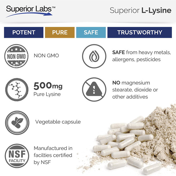 Superior Labs  Best LLysine NonGMO  Dietary Supplement 500 mg Pure Active LLysine  120 Vegetable Capsules  Supports Calcium Absorption  Immune System  Respiratory Health Support