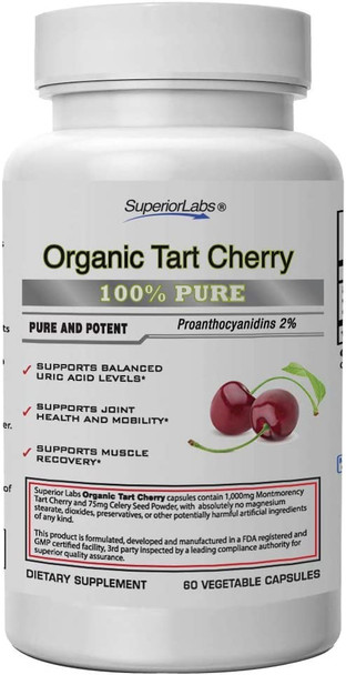 Superior Labs  Organic Montmorency Tart Cherry  1000mg Extract 60 Veg Caps  2 Proanthocyanidins  Celery Seed  Black Pepper Extracts for Maximum Absorption  Supports Balanced Uric Acid Levels