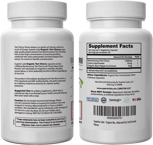 Superior Labs  Organic Montmorency Tart Cherry  1000mg Extract 60 Veg Caps  2 Proanthocyanidins  Celery Seed  Black Pepper Extracts for Maximum Absorption  Supports Balanced Uric Acid Levels