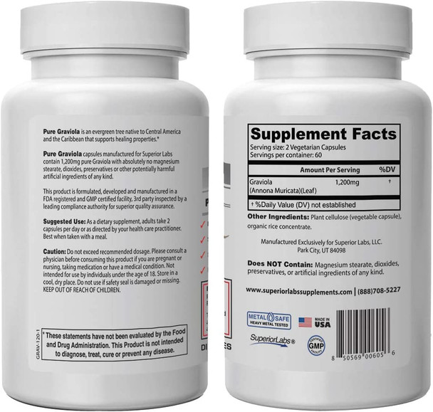 Superior Labs  Pure Natural Graviola NonGMO  1200mg 120 Vegetable Caps Natural Dietary Soursop Supplement  Healthy Skin  Helps Promotes Cell Growth  Respiratory System  Balanced Mood