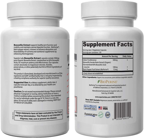 Superior Labs Boswellia Extract  Pure NonGMO Boswellic 65 Acids w/Bioperine Superior Absorption Zero Synthetic Additives  Powerful Formula Joint Knees Hips Immune  500mg SVG 240 Veg