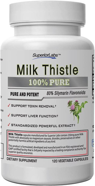 Superior Labs Milk Thistle NonGMO  80 Silymarin Flavonoids  Powerful Formula for Healthy Liver Kidney Detox and Function Energy  250mg 41 Extract Yielding 1000mg 120 Vegetable Caps