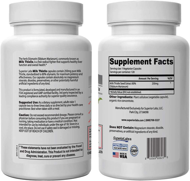 Superior Labs Milk Thistle NonGMO  80 Silymarin Flavonoids  Powerful Formula for Healthy Liver Kidney Detox and Function Energy  250mg 41 Extract Yielding 1000mg 120 Vegetable Caps