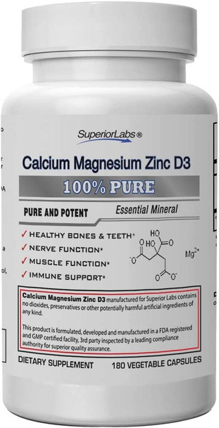 Superior Labs  Calcium Magnesium Zinc D3  Essential Mineral Trio  180 Vegetable Capsules  Healthy Bones  Teeth  Nerve Signaling  Muscle Function  Immune Support