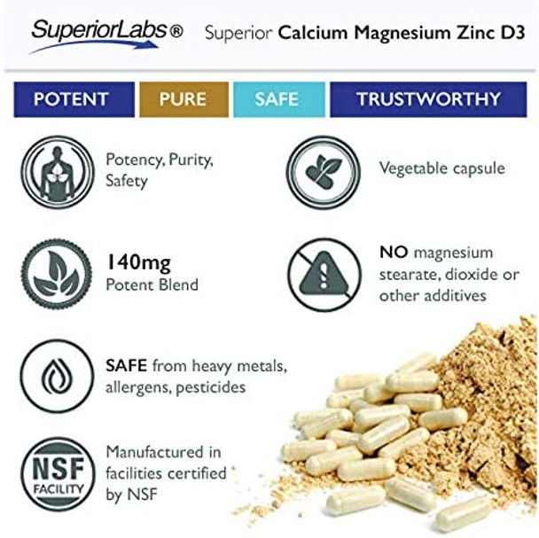 Superior Labs  Calcium Magnesium Zinc D3  Essential Mineral Trio  180 Vegetable Capsules  Healthy Bones  Teeth  Nerve Signaling  Muscle Function  Immune Support