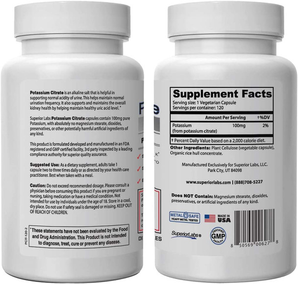 Superior Labs  Potassium Citrate NonGMO Supplement  100 mg Dosage 120 Vegetable Capsules  Maintains Overall Health  Supports Kidney Function  Electrolyte Mineral Balance
