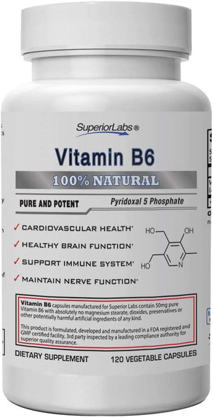 Superior Labs  Best Vitamin B6 Dietary Supplement  50 mg Dosage 120 Vegetable Capsules Supports Immune System Health  Healthy Brain Function  Cardiovascular Health Support