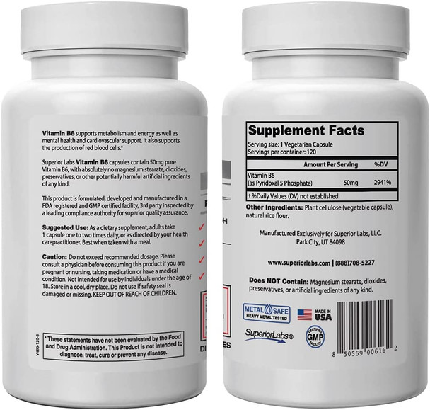 Superior Labs  Best Vitamin B6 Dietary Supplement  50 mg Dosage 120 Vegetable Capsules Supports Immune System Health  Healthy Brain Function  Cardiovascular Health Support