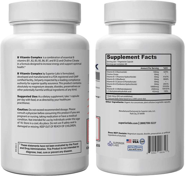 Superior Labs B Vitamin Complex  Superior Absorption  100 NonGMO Safe from Additives Stearates Gluten and Other Allergens  Regulate Digestive System and Support Metabolism  60 Vegetable Caps