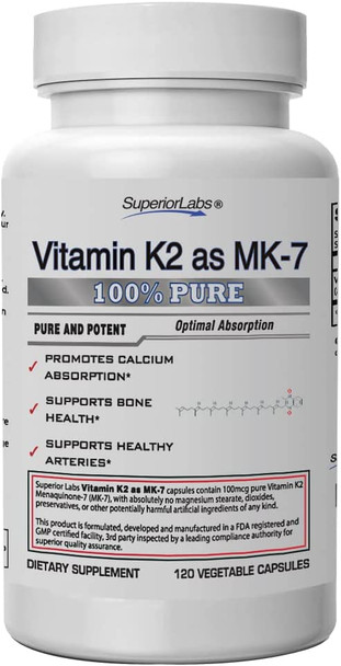 Superior Labs  Vitamin K2 as MK7 Supplement  Promotes Calcium Absorption  Supports Bone Health and Healthy Arteries  High Bioavailability  100mcg 120 Vegetable Capsules