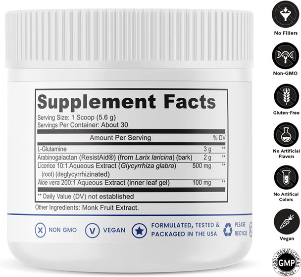 Leaky Gut Defense  30 Servings  GI Repair  Contains 3g LGlutamine Licorice Root deglycyrrhized Aloe Leaf  Arabinogalactan  SteviaFree  Sweetened with Monk Fruit  Pharmaceutical Grade