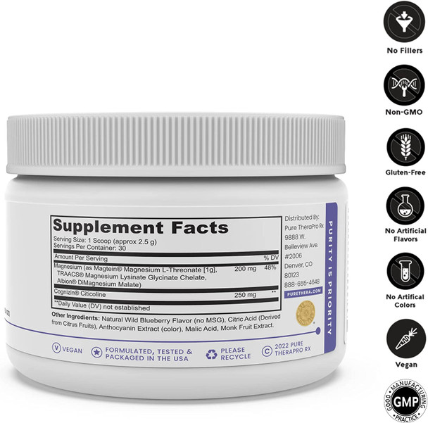 Brain MagX  Wild Blueberry 30 Servings  Nootropic Brain Boosting Formula Containing Magtein Cognizin Citicoline  Enhance Focus Boost Concentration  Support Memory  Vegan  Non GMO