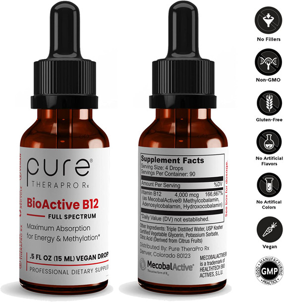 BioActive B12 Full Spectrum Sublingual Liquid 90Day Supply 4000 mcg in 4 Drops a Day  3 Best Forms Hydroxy Adenosyl  Methylcobalamin  Vegan  Non GMO  Lab Tested  0.5 FL Oz