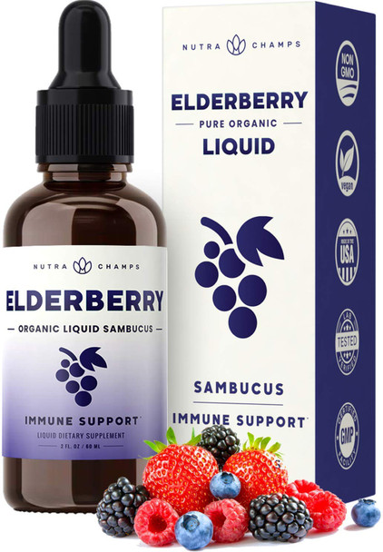 Organic Elderberry Syrup Liquid Extract for Kids & Adults - Sugar-Free Vegan Sambucus Nigra Antioxidant Drops Supplement - Berry Flavor 2oz - Immune Support & Seasonal Protection
