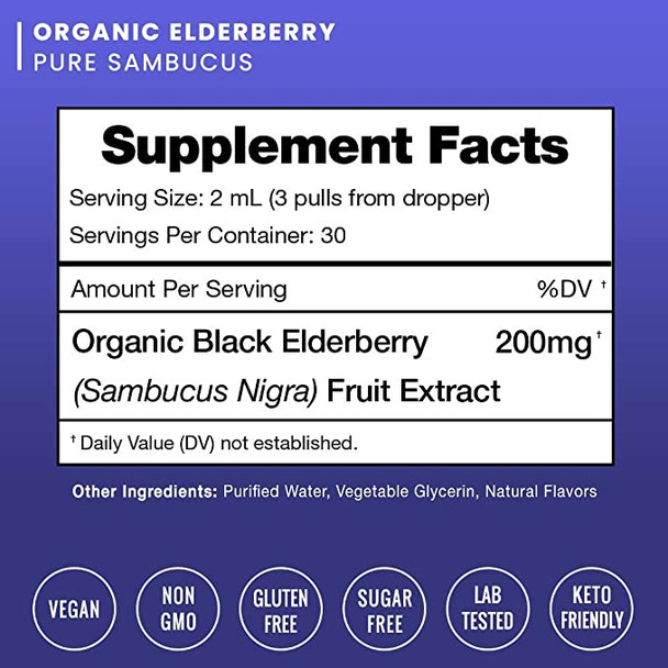 Organic Elderberry Syrup Liquid Extract for Kids & Adults - Sugar-Free Vegan Sambucus Nigra Antioxidant Drops Supplement - Berry Flavor 2oz - Immune Support & Seasonal Protection