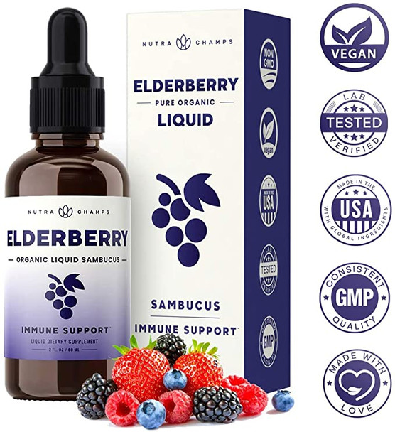 Organic Elderberry Syrup Liquid Extract for Kids & Adults - Sugar-Free Vegan Sambucus Nigra Antioxidant Drops Supplement - Berry Flavor 2oz - Immune Support & Seasonal Protection