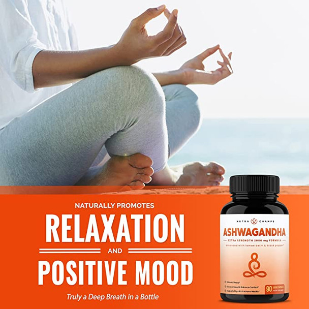 Organic Ashwagandha 2000mg with Black Pepper Extract - Ashwaganda Root Powder Supplement for Adrenal Fatigue, Mood & Thyroid Support - 90 Vegan Capsules