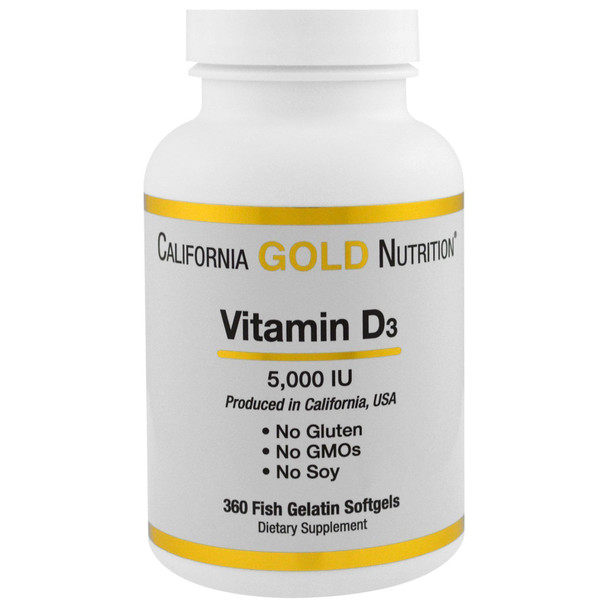 California Gold Nutrition Vitamin D3, 125 mcg (5,000 IU), 360 Fish Gelatin Softgels