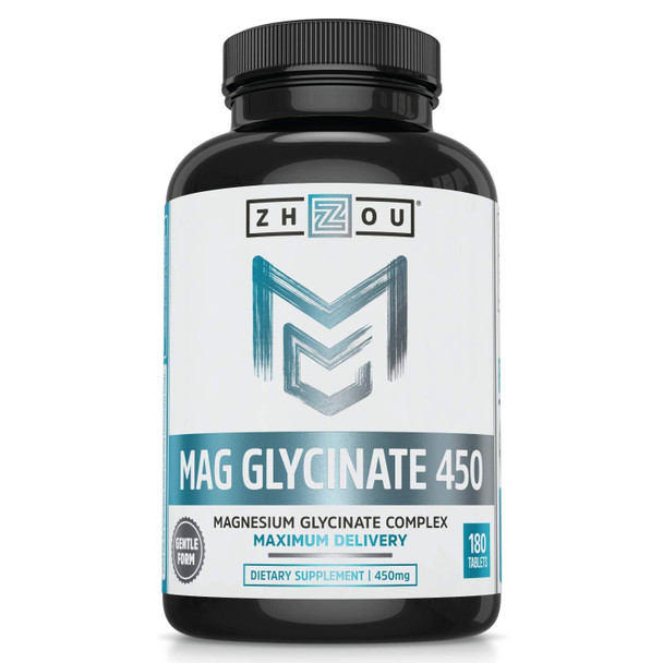 Zhou Magnesium Glycinate Complex 450 Mg | Vegan, Non-Gmo, No Gluten Or Soy, Bioavailable | 90 Servings, 180 Tablets