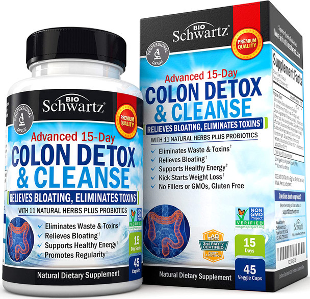 BioSchwartz Colon Cleanser Detox for Weight Loss 15 Day FastActing ExtraStrength Cleanse with Flaxseed Probiotic Natural Laxatives for Constipation Relief Bloating Support 45 Capsules