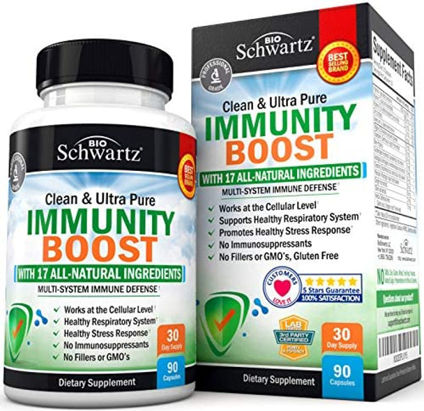 Immune Support Supplement with Vitamin C 1000mg Zinc Elderberry Ginger Beta Carotenes Immunity Boost for Adults Natural Immune Defense Antioxidant Vitamins by BioSchwartz 90 Capsules