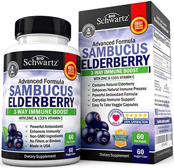 Elderberry with Zinc and Vitamin C  Immune Support Vitamins for Women and Men  Bioschwartz Natural Elderberries Black Sambucus Capsules  Immune Defense Antioxidant Supplement for Adults  60 Ct