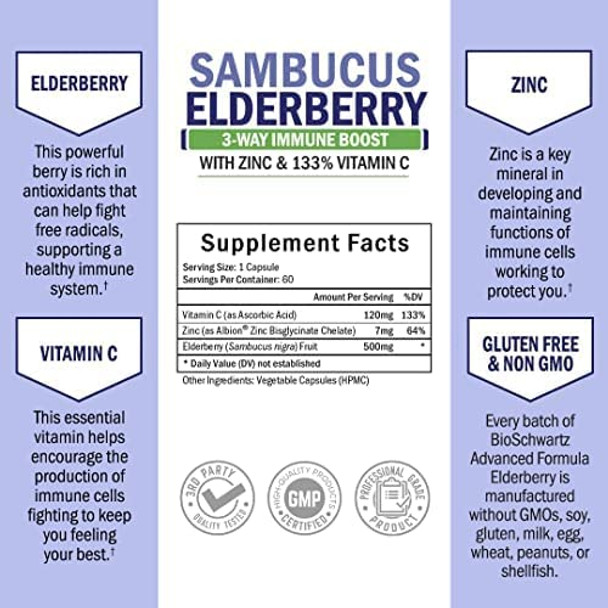 Elderberry with Zinc and Vitamin C  Immune Support Vitamins for Women and Men  Bioschwartz Natural Elderberries Black Sambucus Capsules  Immune Defense Antioxidant Supplement for Adults  60 Ct