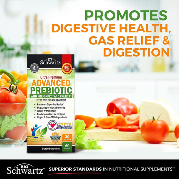 Prebiotics for Advanced Gut Health  Immune System Booster  Dietary Fiber  Fuels Good Bacteria Growth to Promote Digestive Health  Gas Relief  Digestion  Probiotics Support for Men  Women  60ct