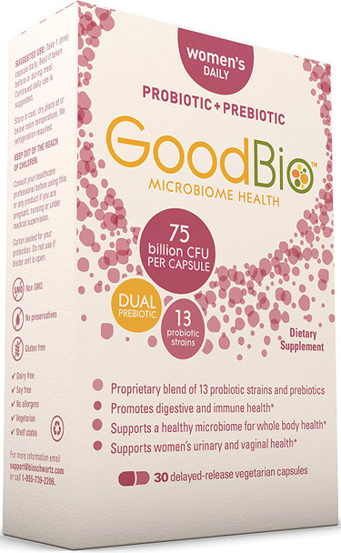 Premium Prebiotics and Probiotics for Women  Womens Immune Support  Urinary Vaginal  Digestive Health  75 Billion CFU  for Healthy Gut Flora with Inulin  ShelfStable  30ct by GoodBio