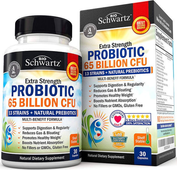 Probiotic 65 Billion  Probiotics with Prebiotic for Women  Men  Lactobacillus Acidophilus Digestive Health Capsules  Targeted Release Technology  Shelf Stable Supplement NonGMO Dairy Free30ct