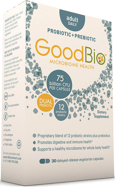 Premium Prebiotics and Probiotics Supplement for Immune Support  Digestive Health  75 Billion CFU  Promotes Healthy Gut Flora with Inulin 12 Shelf Stable Strains  30 Day Supply from GoodBio