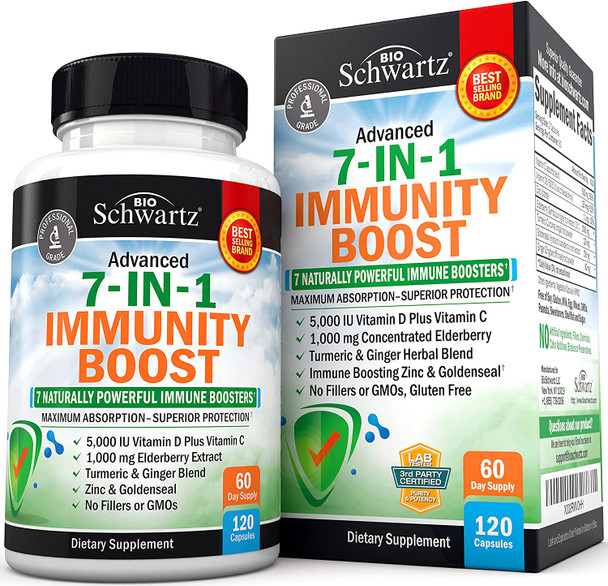 Immune Support Supplement with Zinc Vitamin C Vitamin D 5000 IU Elderberry Ginger D3 Goldenseal Dr Approved Immunity Vitamins for Adults Women and Men Natural Immune System Booster Defense 120ct