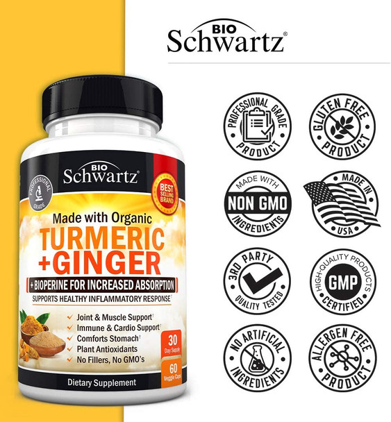 Organic Turmeric Curcumin and Ginger 95 Curcuminoids with BioPerine Black Pepper Extract for Ultra High Absorption  Natural Joint Support Supplement by BioSchwartz  Tumeric Ginger  60 Capsules