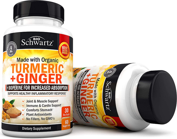 Organic Turmeric Curcumin and Ginger 95 Curcuminoids with BioPerine Black Pepper Extract for Ultra High Absorption  Natural Joint Support Supplement by BioSchwartz  Tumeric Ginger  60 Capsules