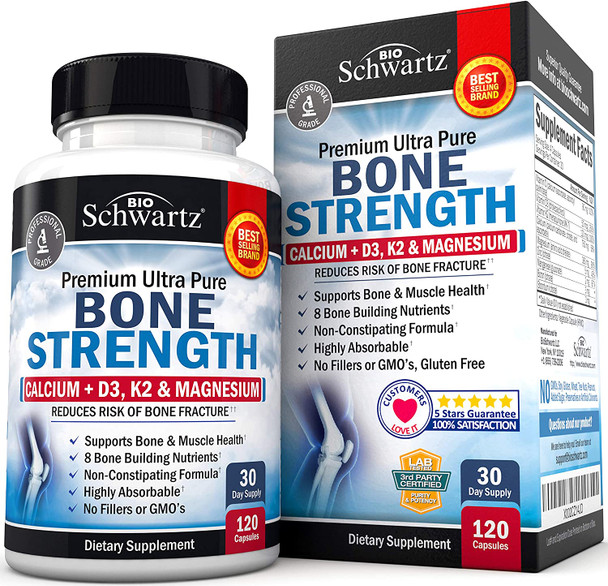 Bone Strength Supplement with Calcium D3 K2 Magnesium Highly Absorbable Vitamin Blend for Bone Muscle Support NonConstipating Formula 8 Bone Building Nutrients 120 Count