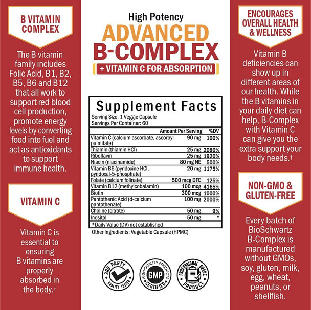 Vitamin B Complex with Vitamin C for Maximum Absorption  Methylcobalamin b12  Folate Folic Acid Supplement  Vitamins B1 B2 B3 B5 B6 B7 B9 for Immune Energy  Nervous System Support  NonGMO 60ct