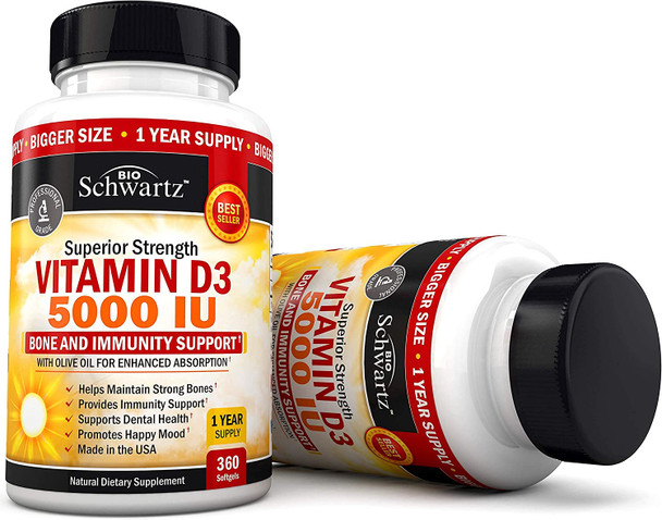 Vitamin D3 5000 IU Dr Approved  Vitamin D Supplement for Immune Support Healthy Muscle Function  Bone Strength  with Olive Oil for Highest Absorption  Natural Gluten Free  NonGMO 1 Year Supply