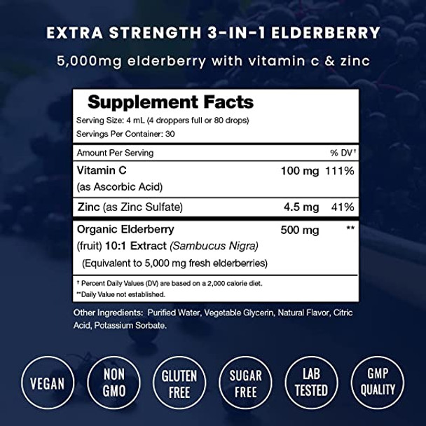 Organic Elderberry Syrup [5000mg Strength] Plus Zinc & Vitamin C Liquid Extract for Kids & Adults - Immune System Support - Vegan Sambucus Nigra Antioxidant Drops Supplement | Berry Flavor 4oz