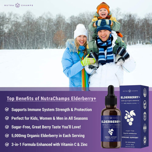 Organic Elderberry Syrup [5000mg Strength] Plus Zinc & Vitamin C Liquid Extract for Kids & Adults - Immune System Support - Vegan Sambucus Nigra Antioxidant Drops Supplement | Berry Flavor 4oz