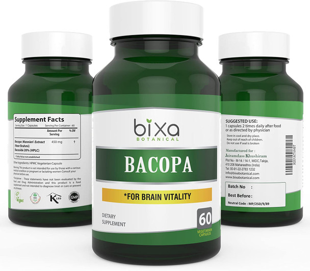 Brahmi/Bacopa Monnieri Extract Bacoside 20 Natural Brain TonicHerbal Supplement for Increasing Intelligence  Improve Voice Quality Bixa Botanical Veg Capsules  60 Count 450mg