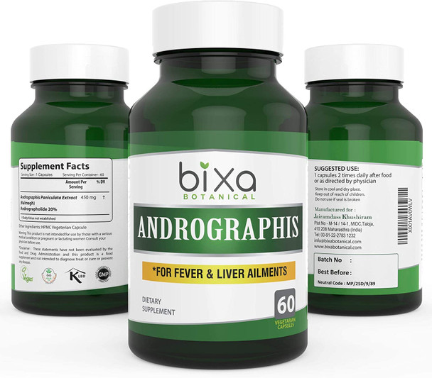 Andrographis Extract 20 Andrographolide 60 Veg Capsules 450Mg  Natural Liver Tonic Kalmegh Extract  Herbal Supplement For Healthy Immunity  Bixa Botanical