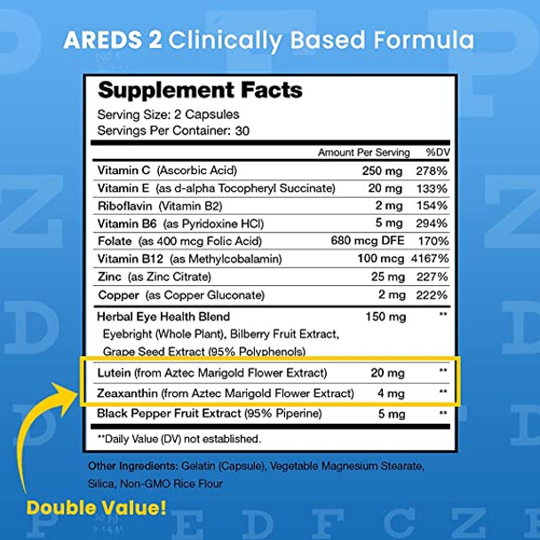 Eye Vitamins with Lutein and Zeaxanthin - AREDS 2 Formula for Macular Degeneration, Strain, Dry Eyes & Vision Support - AREDS2 Eye Health Ocular Care Supplement with Bilberry Extract Powder
