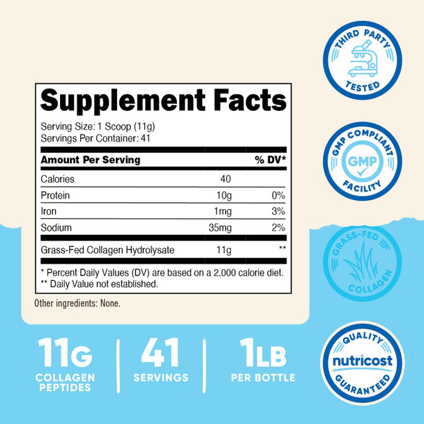 Nutricost Grass Fed Collagen Powder 1LB (454 G)  Grass Fed Bovine Collagen Hydrolysate (Unflavored)  Collagen Peptides Nutricost Grass Fed Collagen Powder 1LB (454 G)  Grass Fed Bovine Collagen Hydrolysate (Unflavored)  Collagen Peptides