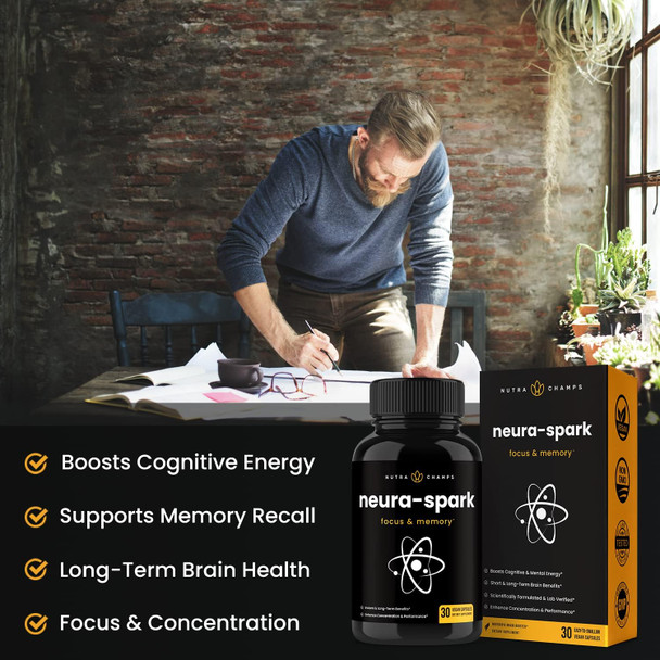 Neuraspark Premium Brain Supplement For Focus, Memory & Mental Energy - Nootropic Brain Booster For Performance - Ginkgo Biloba, St John'S Wort, Dmae, Rhodiola & More - 30 Capsules