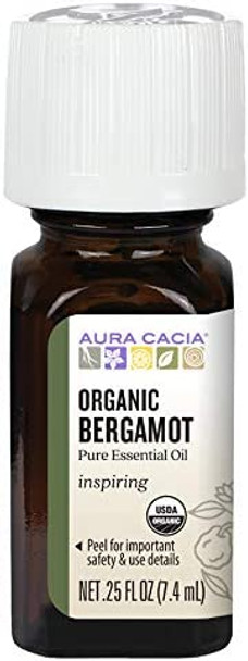 Aura Cacia 100 Pure Bergamot Essential Oil  Certified Organic GC/MS Tested for Purity  7.4 ml 0.25 fl. oz.  Citrus bergamia
